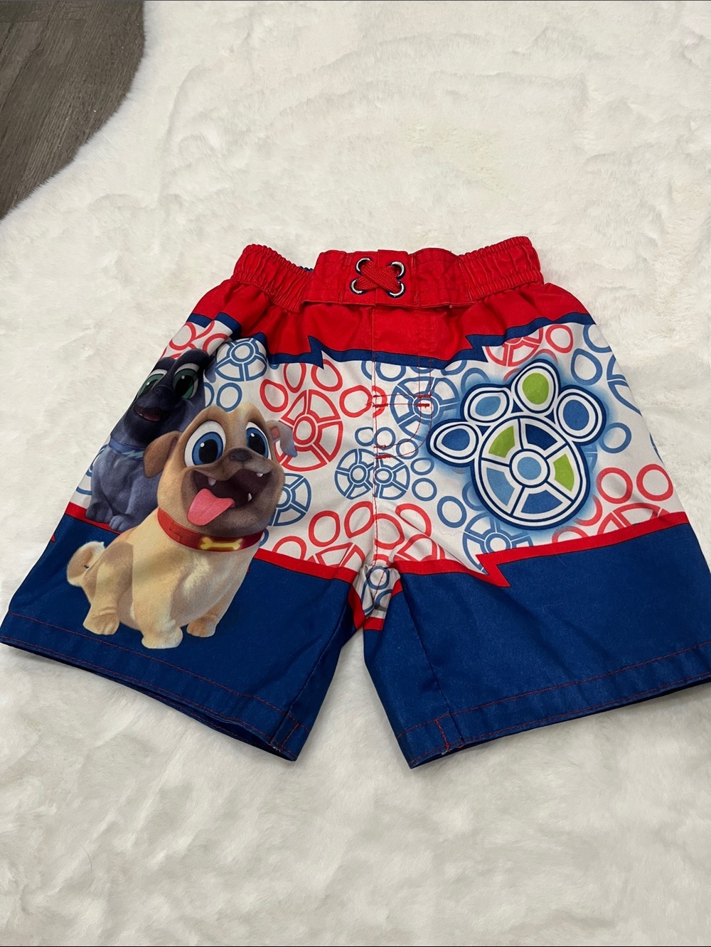 Boys Red, White & Blue Pug Graphic Swim Trunks